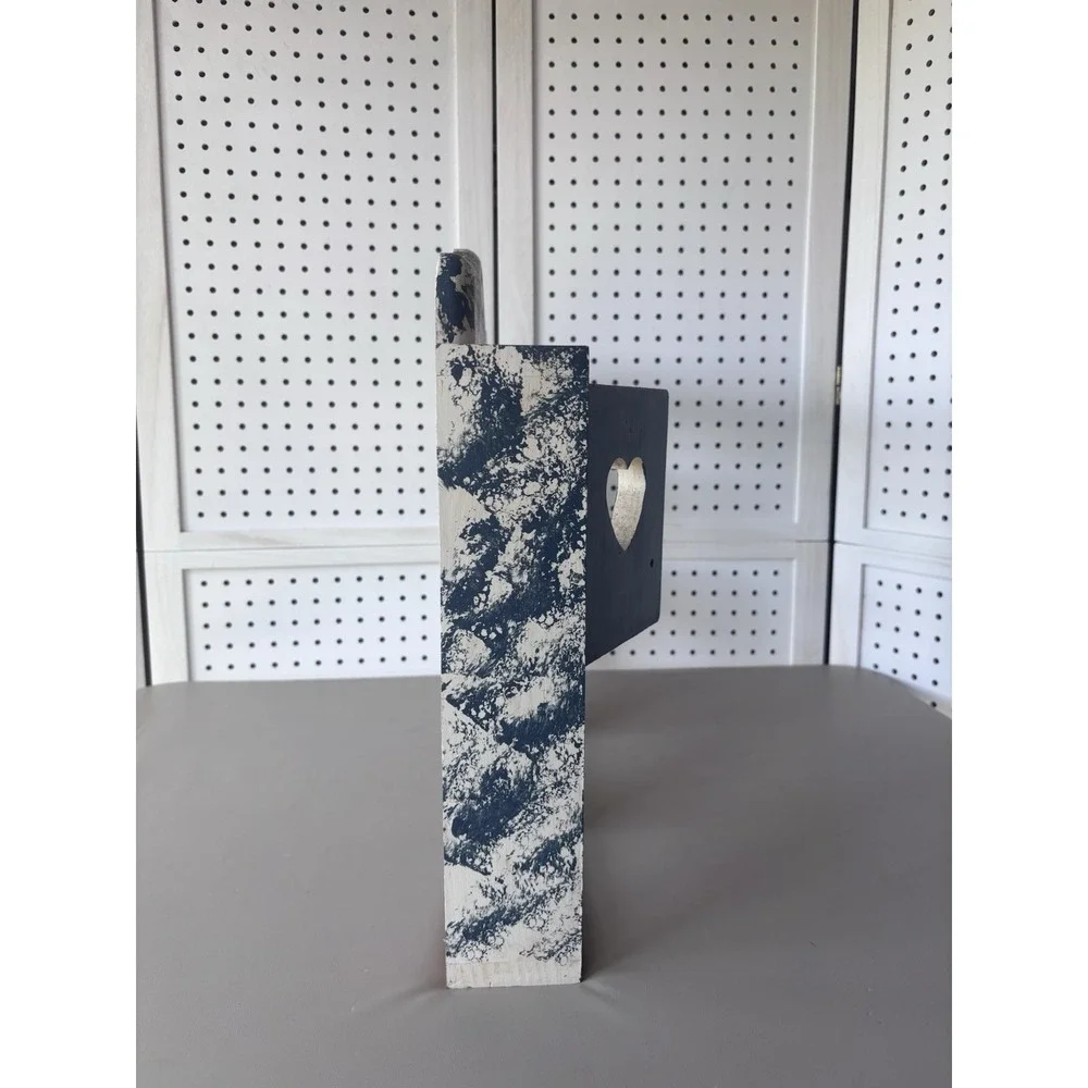 Wooden Heart Cutout Wall Trinket Shelf Rustic Painted Cottacore Blue Ivory